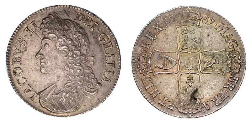 1687, Tertio Crown (Ag), Charles II. Sharp details; lustre shows through nicely ...