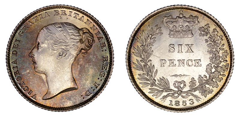 1853, 6 Pence (Ag), Victoria. Choice brilliant uncirculated; sharp details with ...