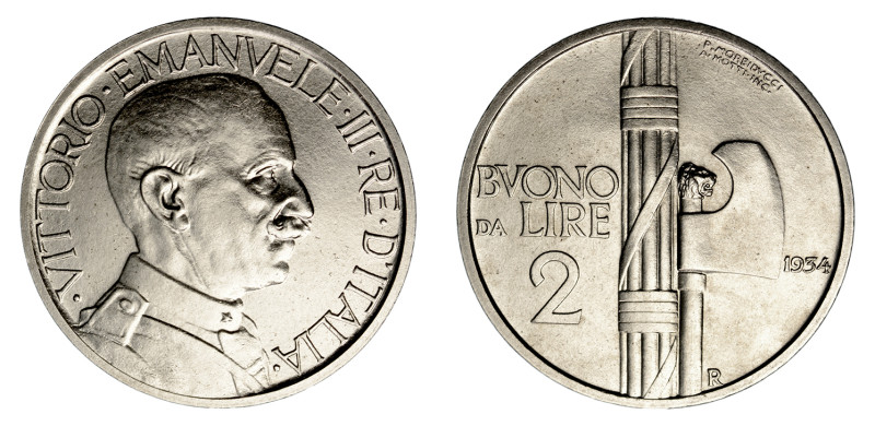 1934 R, 2 Lire (NI), Rare: 50 pieces minted 

(KM-63).