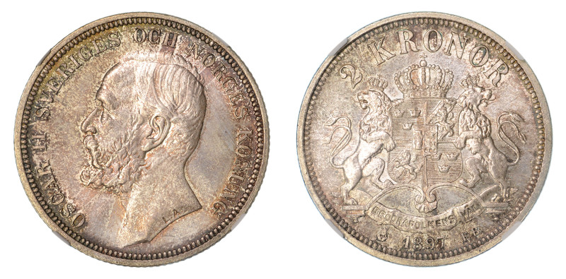 1897 EB , 2 Kroner (Ag), Sharp with smooth lustrous surfaces, old cabinet toning...