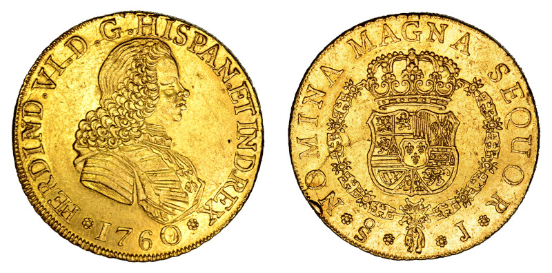 1760/59 So J, 8 Escudos (Au), Ferdinand VI- "FERDIND"

 A fully struck coin; all...