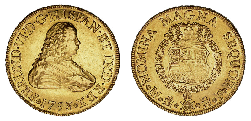 1753 Mo MF, 8 Escudos (Au), Ferdinand VI

 Lustrous and semi-reflective yellow/g...