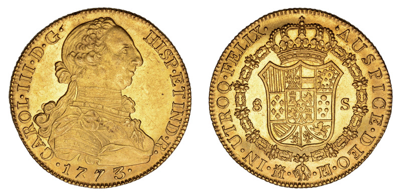 1773 PJ, 8 Escudos (Au), Madrid, Charles III 

 A fully struck coin with very sh...