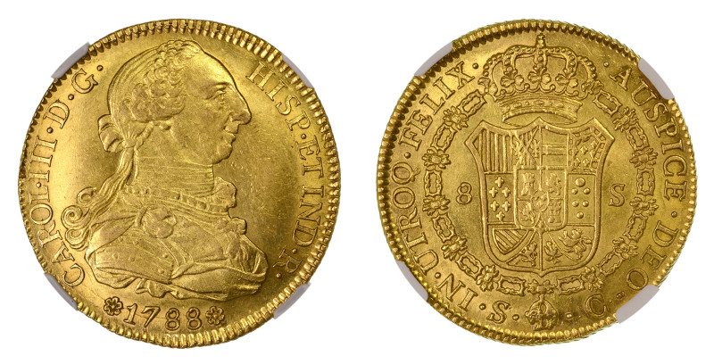 1788 S C, 8 Escudos (Au), Point after "R". Fully struck, strong details and lust...