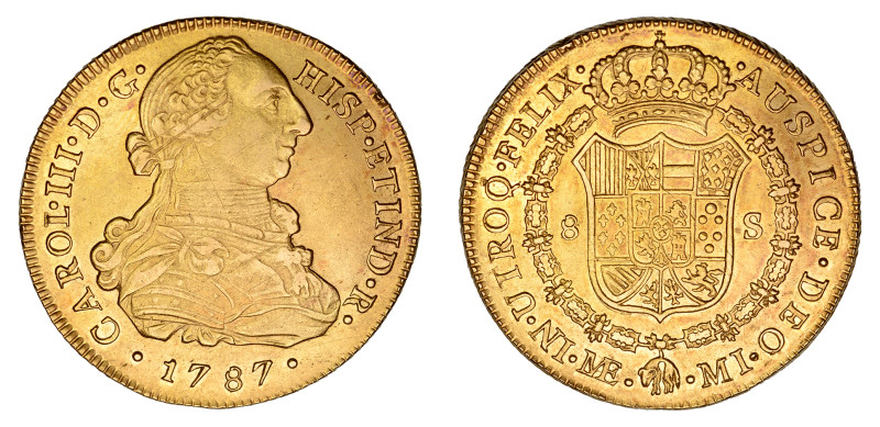 1787 MI, 8 Escudos (Au), Charles III 

 A well struck coin with strong details, ...