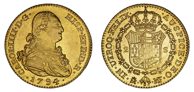 1794 MF, 2 Escudos (Au), Madrid, Charles IV, overdate variety 

 Well struck and...