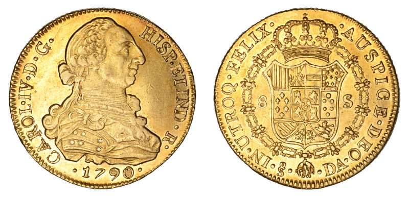 1790 So DA, 8 Escudos (Au), Charles IV 

 This is a fully struck coin ; all deta...