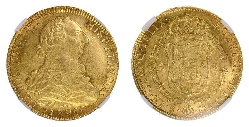 1798 So DA, 8 Escudos (Au), Well struck with strong details; decent lustre all a...