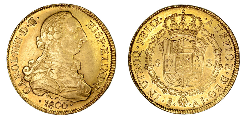 1800 So AJ, 8 Escudos (Au), Charles IV

 A very well struck piece; smooth and lu...