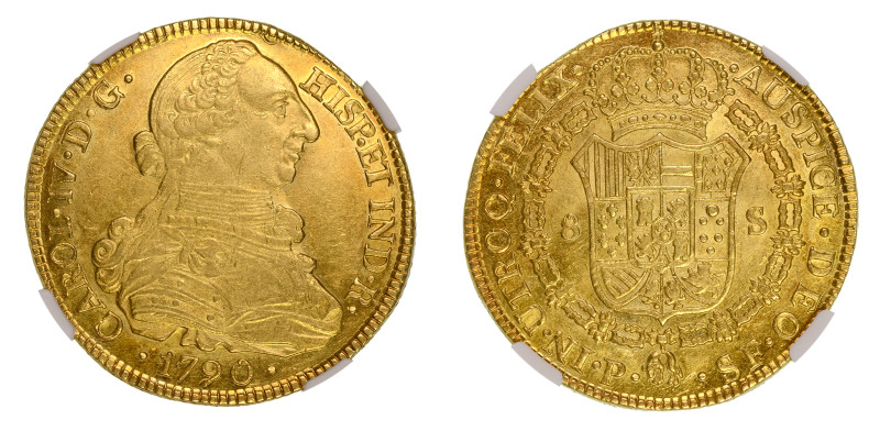 1790 P SF, 8 Escudos (Au), Well struck; nice yellow/gold colour and lustrous. (K...