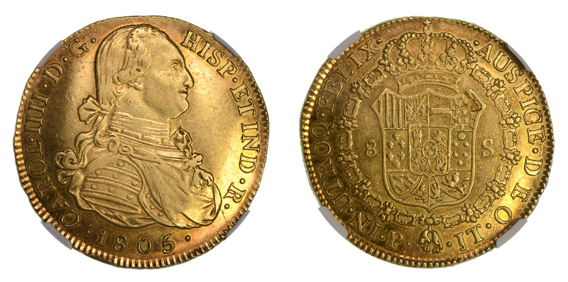 1805 P JT, 8 Escudos (Au), Fully struck with sharp details. Lustrous and reflect...