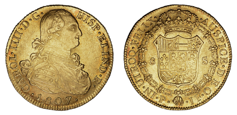 1807 P JF, 8 Escudos (Au), Charles IV 

 A well struck piece with strong details...