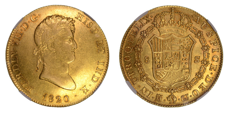 1820 M GJ, 8 Escudos (Au), Reasonably well struck; smooth, lustrous and reflecti...