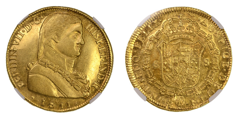 1811 So FJ, 8 Escudos (Au), Imaginary Military Bust. Fully struck with lustrous ...