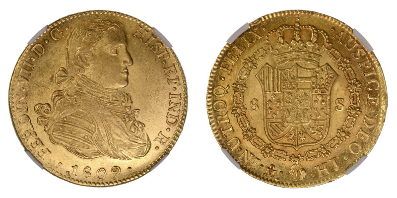 1809 Mo HJ, 8 Escudos (Au), Imaginary Bust. Reasonably well struck; lustrous. (K...