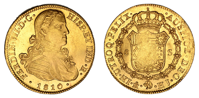 1810 Mo HJ, 8 Escudos (Au), Ferdinand VII (KM-160).

Sharp appearance: Smooth an...