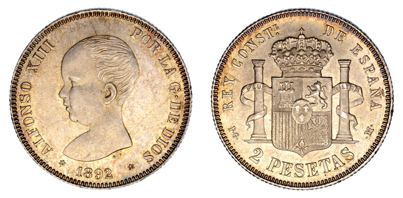 1892(92) PG M, 2 pesetas (Ag), A nice light toning across the coin with original...