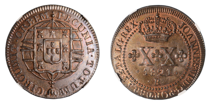 1821 R, 20 Reis (Cu), A choice well struck coin; smooth and very lustrous brown ...