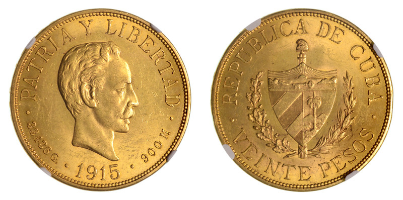 1915, 20 Pesos (Au), Well struck and lustrous. Strong details all around.(KM-21)...