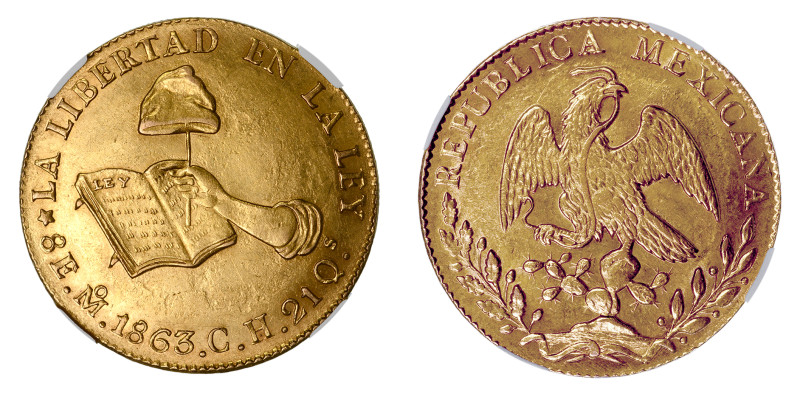 1863/53 MO CH, 8 Escudos (Au), A well struck coin. Smooth lustrous surfaces with...