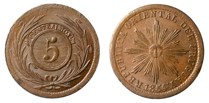 1854/40, 5 Centesimos (Cu), Well struck with sharp details all around. Lustrous ...