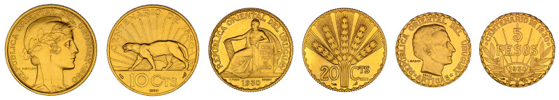 1930(a), 3 coin essay set in gold, 10 Centesimos, 20 Centesimos, and 5 Pesos. AU...