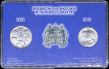 GREECE: 30 Drachmas (1963) (King Paul period) & 30 Drachmas (1964 / Kongsberg mint) (King Constantine II period) both in silver (0,835). Inside custom...