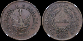 GREECE: 10 Lepta (1828) (type A.1) in copper. Phoenix with converging rays on obverse. Variety "166-D.e" by Peter Chase. Coin alignment. Inside slab b...