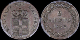 GREECE: 2 Lepta (1832) (type I) in copper. Royal coat of arms and inscription "ΒΑΣΙΛΕΙΑ ΤΗΣ ΕΛΛΑΔΟΣ" on obverse. Inside slab by PCGS "AU 55". Cert num...