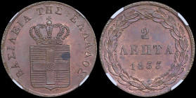 GREECE: 2 Lepta (1833) (type I) in copper. Royal coat of arms and inscription "ΒΑΣΙΛΕΙΑ ΤΗΣ ΕΛΛΑΔΟΣ" on obverse. Inside slab by NGC "MS 63 BN". Cert n...