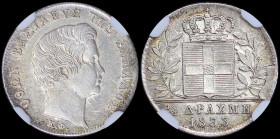 GREECE: 1/4 Drachma (1833) (type I) in silver (0,900). Head of King Otto facing right and inscription "ΟΘΩΝ ΒΑΣΙΛΕΥΣ ΤΗΣ ΕΛΛΑΔΟΣ" on obverse. Inside s...