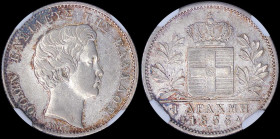 GREECE: 1 Drachma (1833 A) (type I) in silver (0,900). Head of King Otto facing right and inscription "ΟΘΩΝ ΒΑΣΙΛΕΥΣ ΤΗΣ ΕΛΛΑΔΟΣ" on obverse. Inside s...