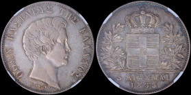 GREECE: 5 Drachmas (1833) (type I) in silver (0,900). Head of King Otto facing right and inscription "ΟΘΩΝ ΒΑΣΙΛΕΥΣ ΤΗΣ ΕΛΛΑΔΟΣ" on obverse. Inside sl...