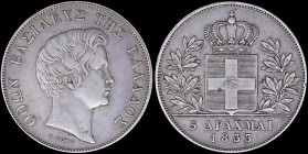 GREECE: 5 Drachmas (1833) (type I) in silver (0,900). Head of King Otto facing right and inscription "ΟΘΩΝ ΒΑΣΙΛΕΥΣ ΤΗΣ ΕΛΛΑΔΟΣ" on obverse. (Hellas 1...