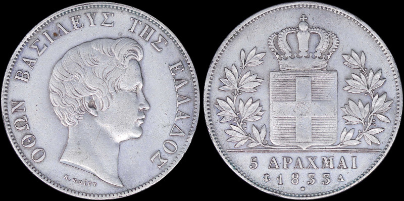 GREECE: 5 Drachmas (1833 A) (type I) in silver (0,900). Head of King Otto facing...