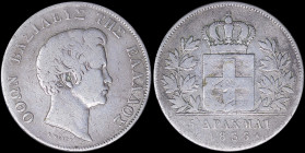 GREECE: 5 Drachmas (1833 A) (type I) in silver (0,900). Head of King Otto facing right and inscription "ΟΘΩΝ ΒΑΣΙΛΕΥΣ ΤΗΣ ΕΛΛΑΔΟΣ" on obverse. (Hellas...