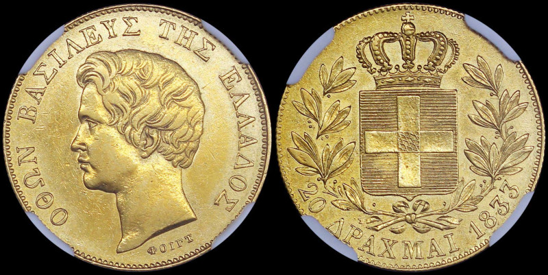 GREECE: 20 Drachmas (1833) in gold (0,900). Head of King Otto facing left and in...