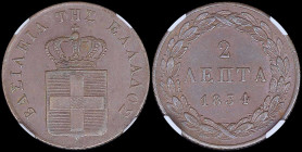 GREECE: 2 Lepta (1834) (type I) in copper. Royal coat of arms and inscription "ΒΑΣΙΛΕΙΑ ΤΗΣ ΕΛΛΑΔΟΣ" on obverse. Inside slab by NGC "AU 58 BN". Cert n...