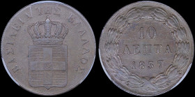 GREECE: 10 Lepta (1837) (type I) in copper. Royal coat of arms and inscription "ΒΑΣΙΛΕΙΑ ΤΗΣ ΕΛΛΑΔΟΣ" on obverse. Inside slab by PCGS "AU 55". Cert nu...