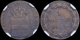 GREECE: 1 Lepton (1838) (type I) in copper. Royal coat of arms and inscription "ΒΑΣΙΛΕΙΑ ΤΗΣ ΕΛΛΑΔΟΣ" on obverse. Inside slab by NGC "XF DETAILS / TOO...