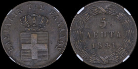 GREECE: 5 Lepta (1841) (type I) in copper. Royal coat of arms and inscription "ΒΑΣΙΛΕΙΑ ΤΗΣ ΕΛΛΑΔΟΣ" on obverse. Inside slab by NGC "AU 53 BN". Cert n...