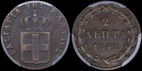 GREECE: 2 Lepta (1842) (type I) in copper. Royal coat of arms and inscription "ΒΑΣΙΛΕΙΑ ΤΗΣ ΕΛΛΑΔΟΣ" on obverse. Inside slab by PCGS "XF 40". Cert num...