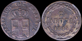 GREECE: 2 Lepta (1845) (type II) in copper. Royal coat of arms and inscription "ΒΑΣΙΛΕΙΟΝ ΤΗΣ ΕΛΛΑΔΟΣ" on obverse. Inside slab by PCGS "VF Detail / Cl...