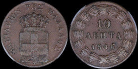 GREECE: 10 Lepta (1846) (type II) in copper. Royal coat of arms and inscription "ΒΑΣΙΛΕΙΟΝ ΤΗΣ ΕΛΛΑΔΟΣ" on obverse. Inside slab by PCGS "AU 50". Cert ...