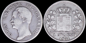 GREECE: 1 Drachma (1851) (type II) in silver (0,900). Mature head of King Otto facing left and inscription "ΟΘΩΝ ΒΑΣΙΛΕΥΣ ΤΩΝ ΕΛΛΗΝΩΝ" on obverse. (He...