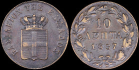 GREECE: 10 Lepta (1857) (type III) in copper. Royal coat of arms and inscription "ΒΑΣΙΛΕΙΟΝ ΤΗΣ ΕΛΛΑΔΟΣ" on obverse. (Hellas 86). Fine....