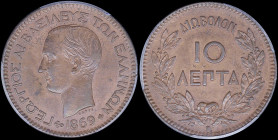 GREECE: 10 Lepta (1869 BB) (type I) in copper. Head of King George I facing left and inscription "ΓΕΩΡΓΙΟΣ Α! ΒΑΣΙΛΕΥΣ ΤΩΝ ΕΛΛΗΝΩΝ" on obverse. Variet...