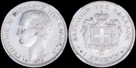 GREECE: 1 Drachma (1873 A) (type I) in silver (0,835). Head of King George I facing left and inscription "ΓΕΩΡΓΙΟΣ Α! ΒΑΣΙΛΕΥΣ ΤΩΝ ΕΛΛΗΝΩΝ" on obverse...