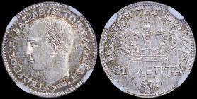 GREECE: 20 Lepta (1874 A) (type I) in silver (0,835). Head of King George I facing left and inscription "ΓΕΩΡΓΙΟΣ Α! ΒΑΣΙΛΕΥΣ ΤΩΝ ΕΛΛΗΝΩΝ" on obverse....