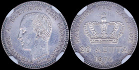 GREECE: 20 Lepta (1874 A) (type I) in silver (0,835). Head of King George I facing left and inscription "ΓΕΩΡΓΙΟΣ Α! ΒΑΣΙΛΕΥΣ ΤΩΝ ΕΛΛΗΝΩΝ" on obverse....